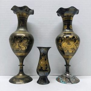 Lot of 3 Vintage Brass Bud Vases Etched Floral Enamel Ruffled Edge India